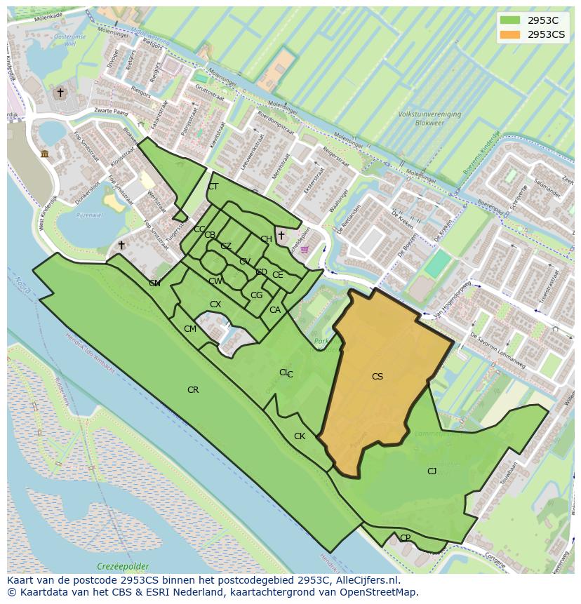 Afbeelding van het postcodegebied 2953 CS op de kaart.