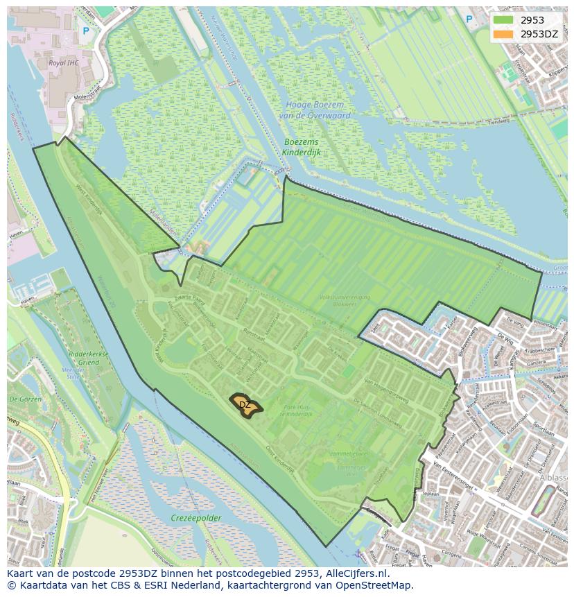 Afbeelding van het postcodegebied 2953 DZ op de kaart.