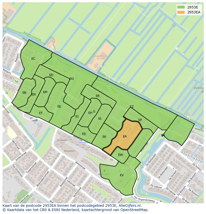 Afbeelding van het postcodegebied 2953 EA op de kaart.