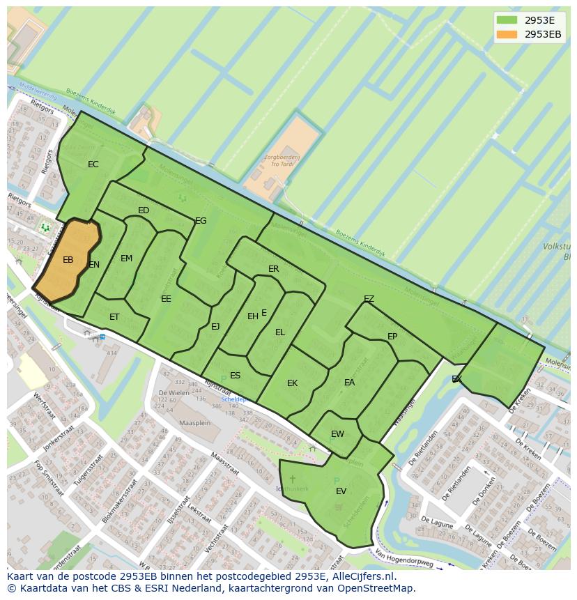 Afbeelding van het postcodegebied 2953 EB op de kaart.