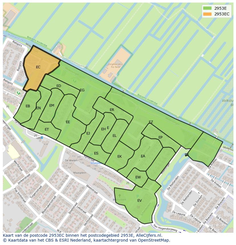 Afbeelding van het postcodegebied 2953 EC op de kaart.