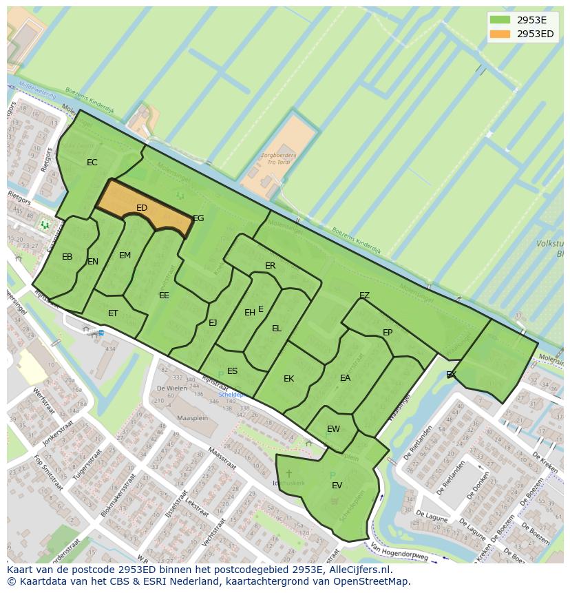 Afbeelding van het postcodegebied 2953 ED op de kaart.