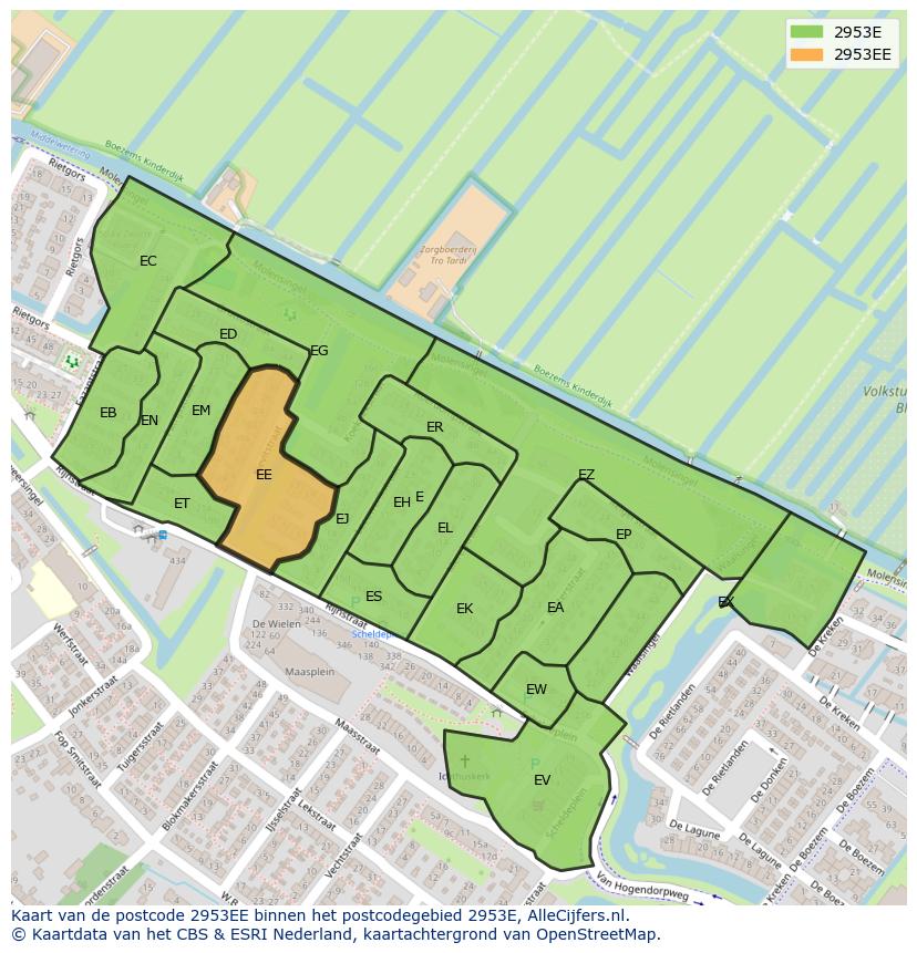 Afbeelding van het postcodegebied 2953 EE op de kaart.