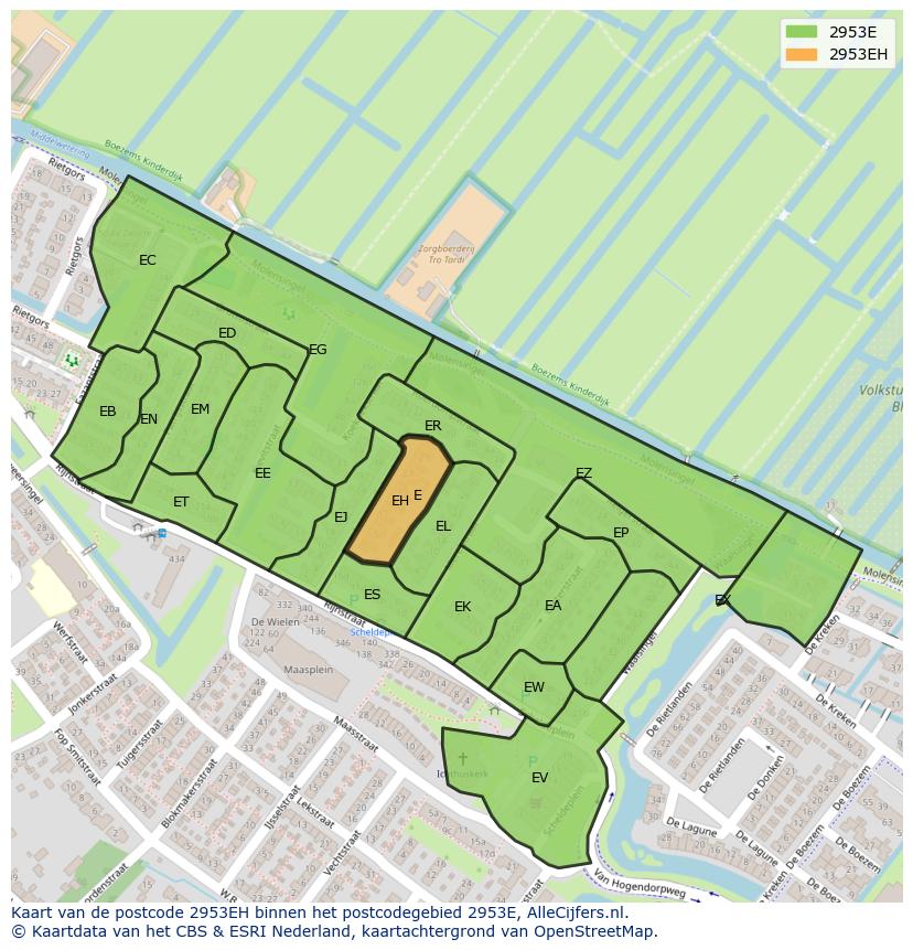 Afbeelding van het postcodegebied 2953 EH op de kaart.