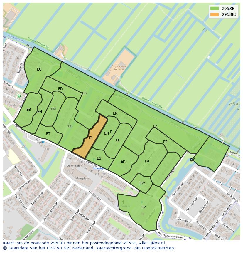 Afbeelding van het postcodegebied 2953 EJ op de kaart.