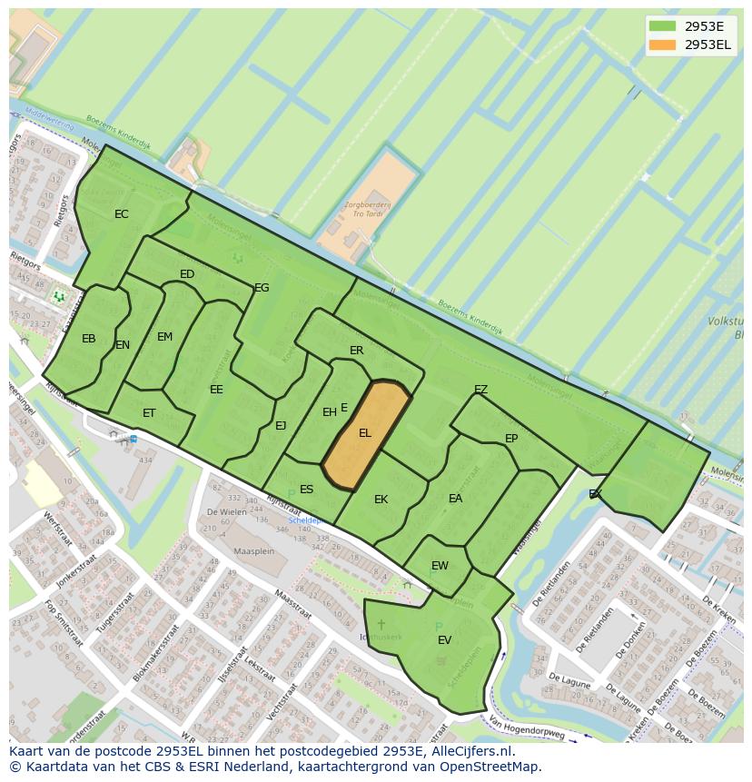 Afbeelding van het postcodegebied 2953 EL op de kaart.