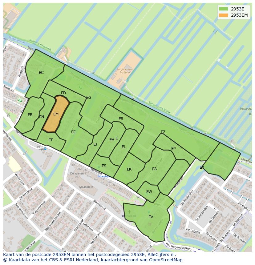 Afbeelding van het postcodegebied 2953 EM op de kaart.