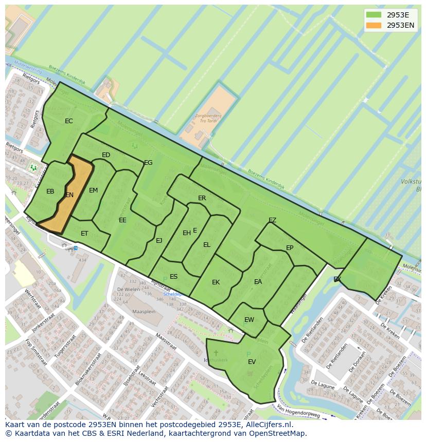 Afbeelding van het postcodegebied 2953 EN op de kaart.