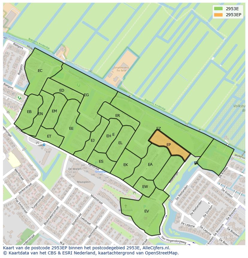 Afbeelding van het postcodegebied 2953 EP op de kaart.