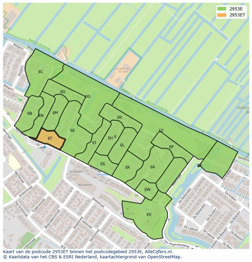 Afbeelding van het postcodegebied 2953 ET op de kaart.