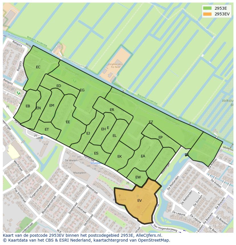 Afbeelding van het postcodegebied 2953 EV op de kaart.