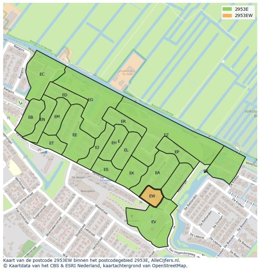Afbeelding van het postcodegebied 2953 EW op de kaart.