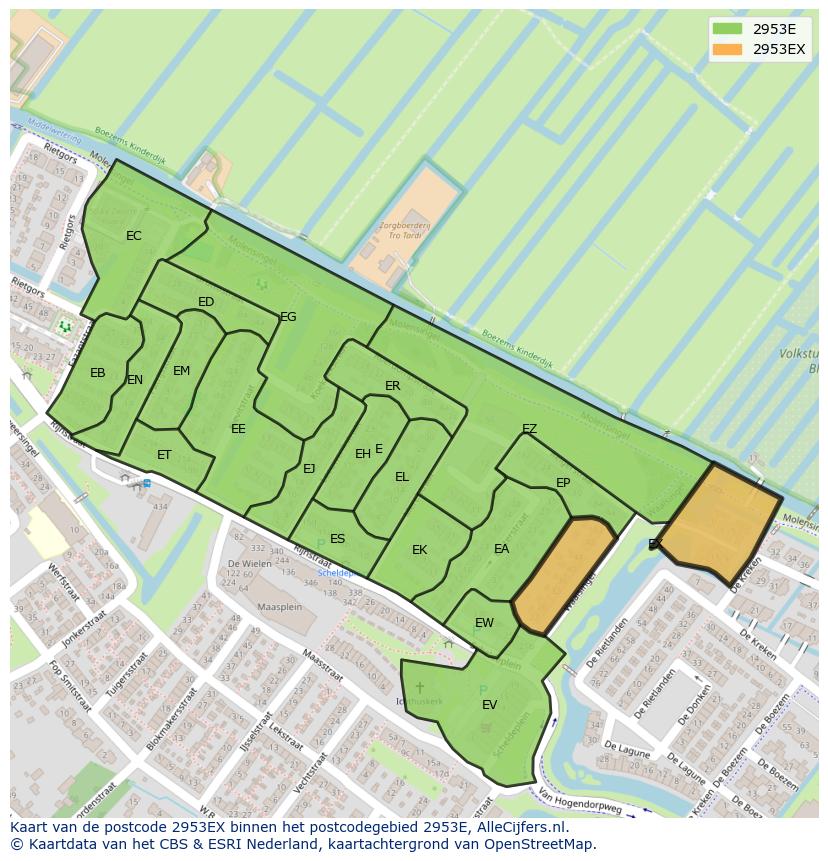 Afbeelding van het postcodegebied 2953 EX op de kaart.