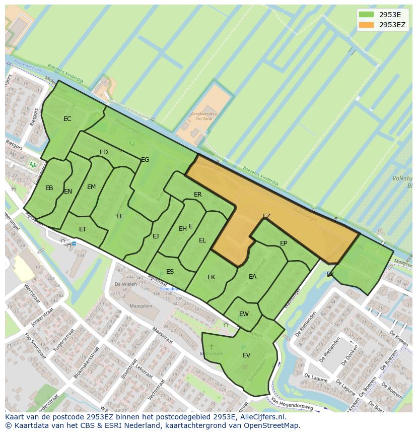 Afbeelding van het postcodegebied 2953 EZ op de kaart.