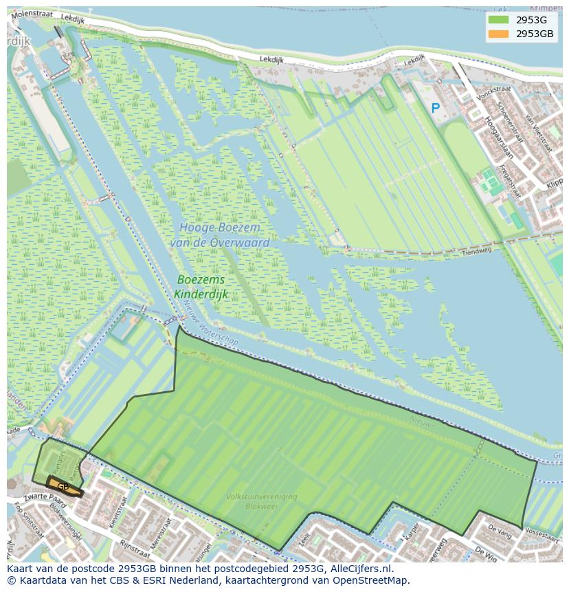 Afbeelding van het postcodegebied 2953 GB op de kaart.