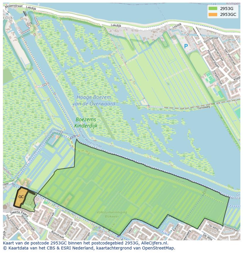 Afbeelding van het postcodegebied 2953 GC op de kaart.