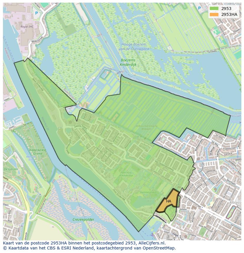 Afbeelding van het postcodegebied 2953 HA op de kaart.