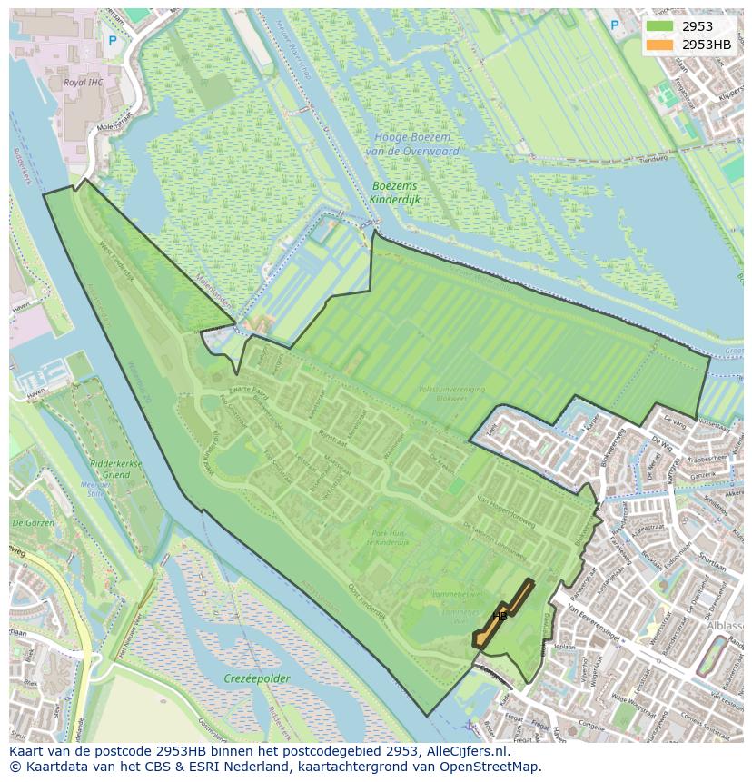 Afbeelding van het postcodegebied 2953 HB op de kaart.