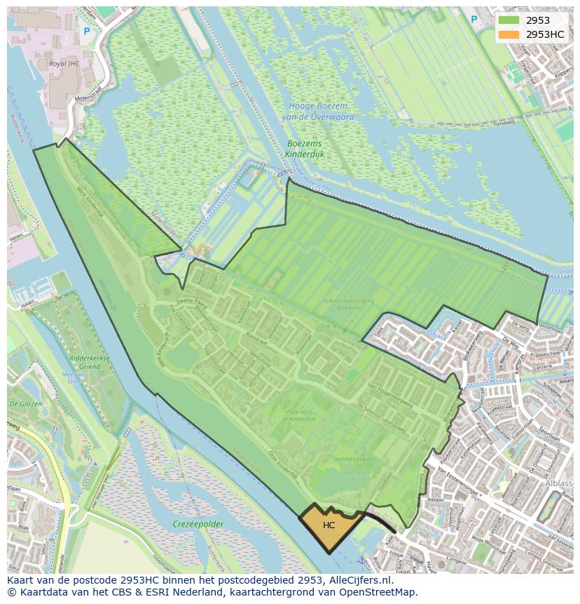 Afbeelding van het postcodegebied 2953 HC op de kaart.