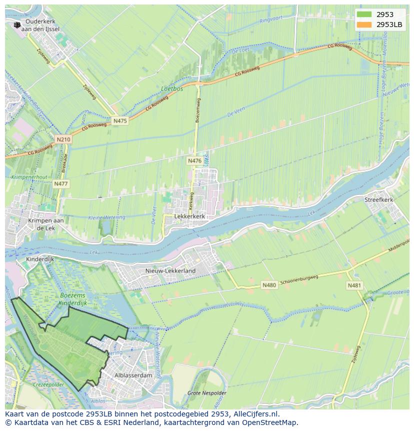 Afbeelding van het postcodegebied 2953 LB op de kaart.
