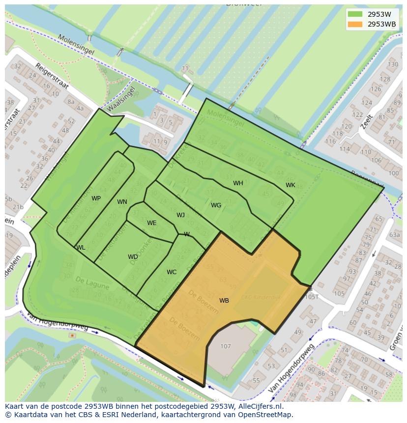 Afbeelding van het postcodegebied 2953 WB op de kaart.