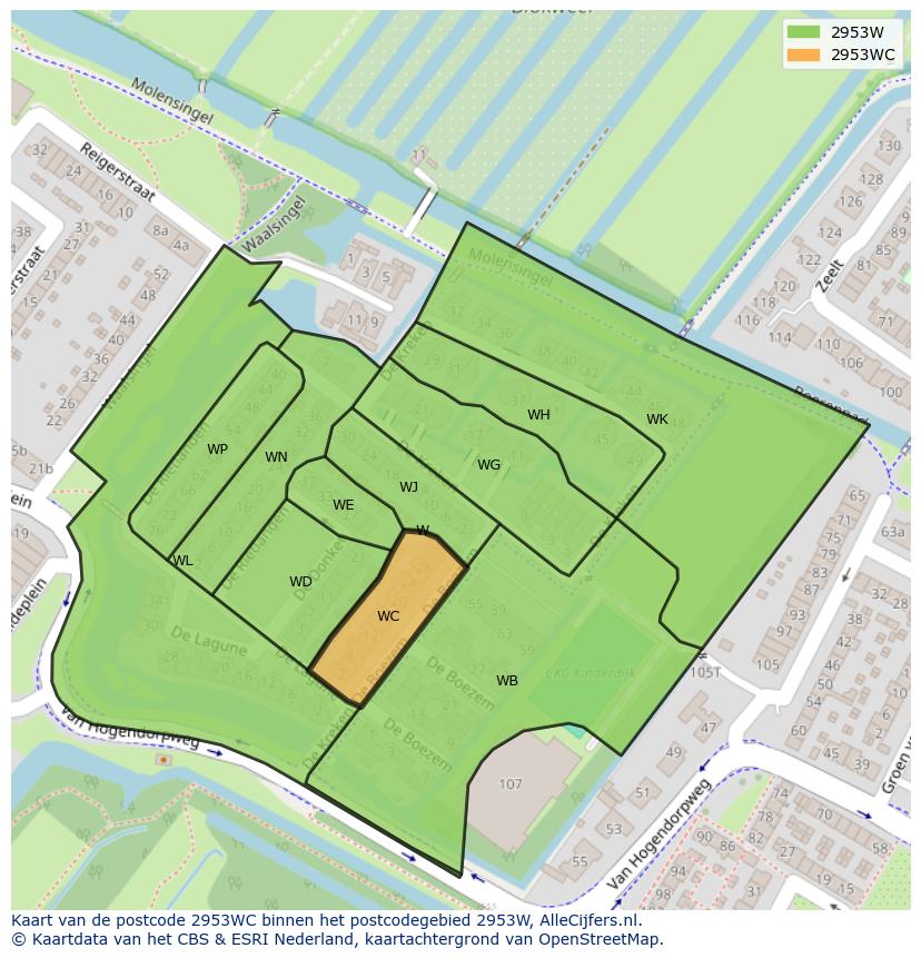 Afbeelding van het postcodegebied 2953 WC op de kaart.