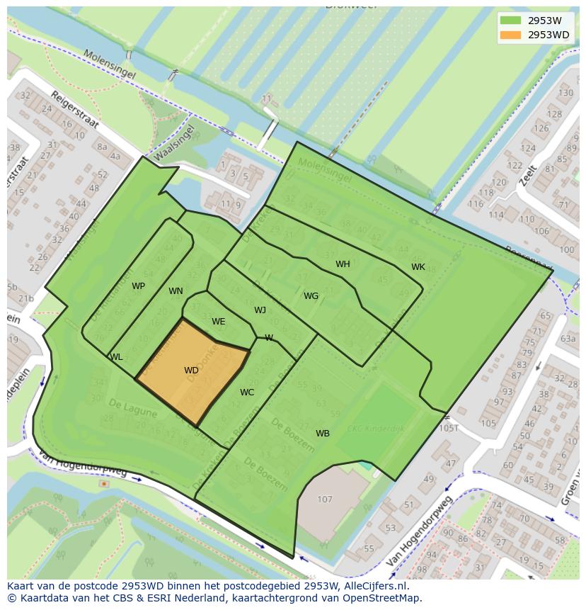 Afbeelding van het postcodegebied 2953 WD op de kaart.