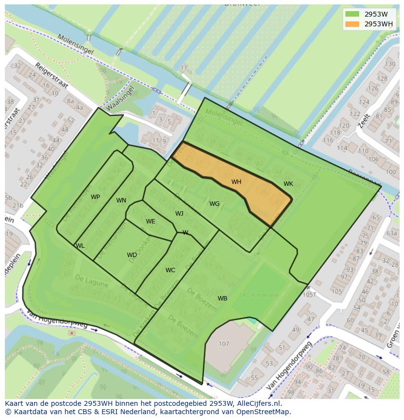 Afbeelding van het postcodegebied 2953 WH op de kaart.