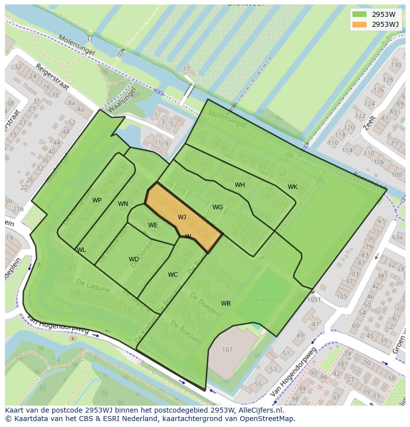 Afbeelding van het postcodegebied 2953 WJ op de kaart.