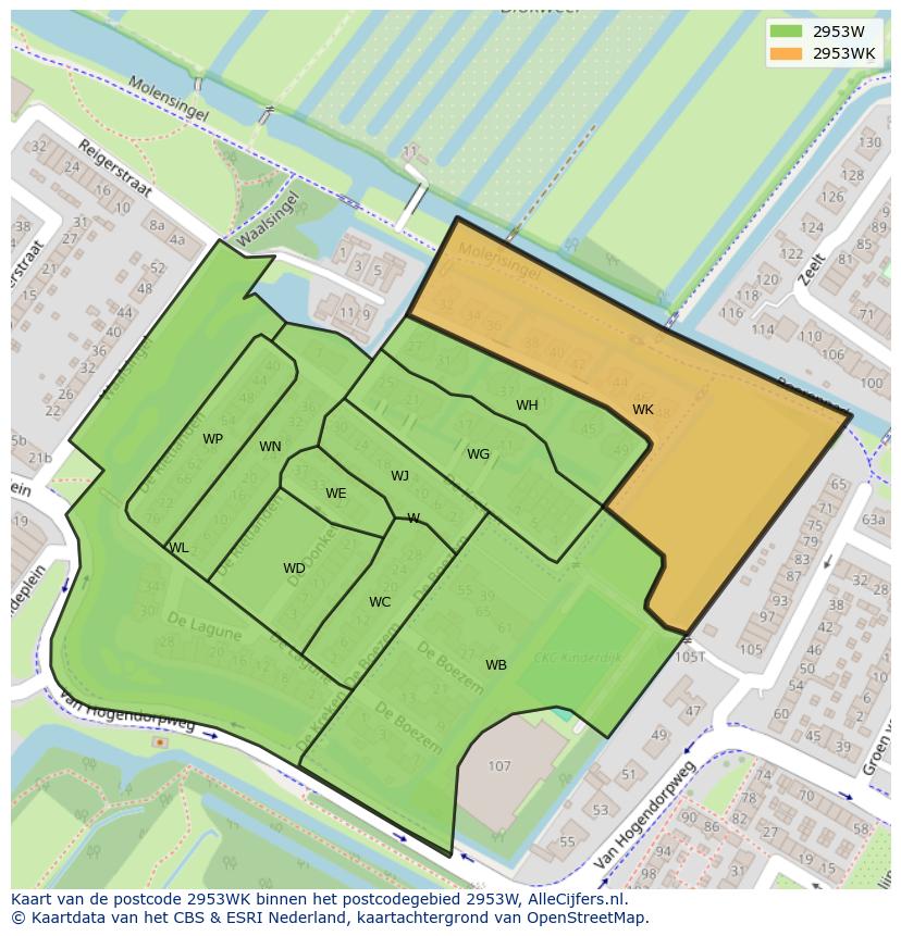 Afbeelding van het postcodegebied 2953 WK op de kaart.