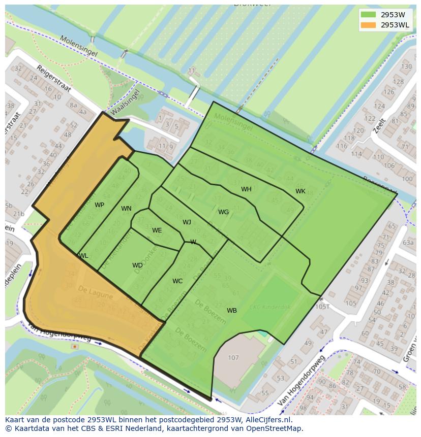 Afbeelding van het postcodegebied 2953 WL op de kaart.