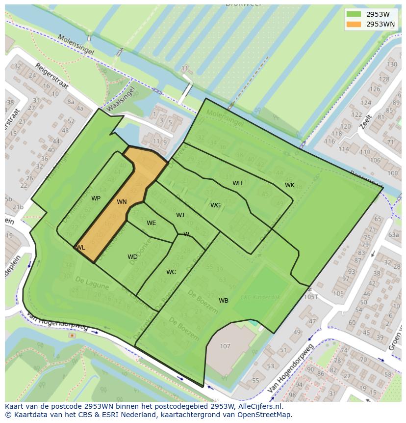 Afbeelding van het postcodegebied 2953 WN op de kaart.