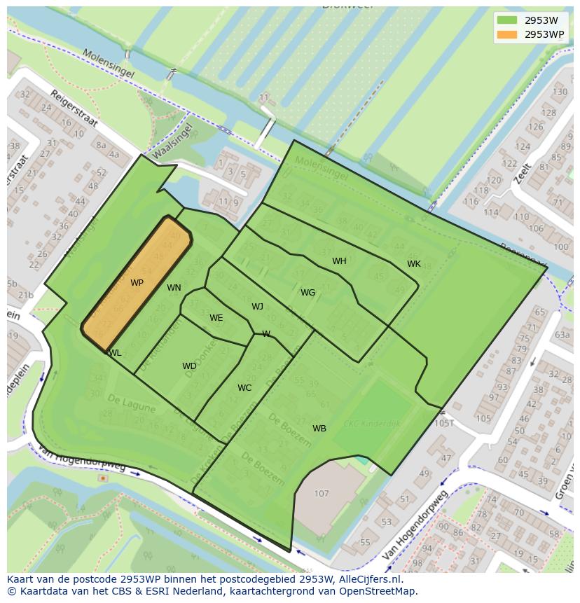 Afbeelding van het postcodegebied 2953 WP op de kaart.