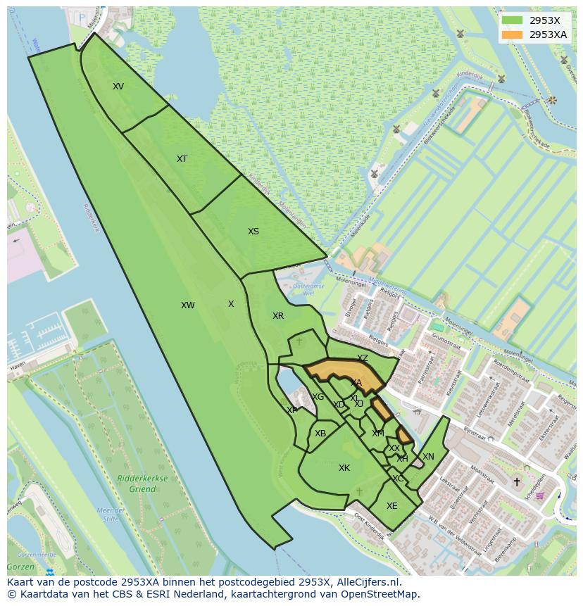 Afbeelding van het postcodegebied 2953 XA op de kaart.