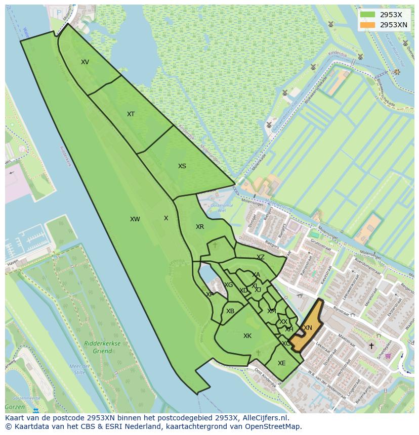 Afbeelding van het postcodegebied 2953 XN op de kaart.