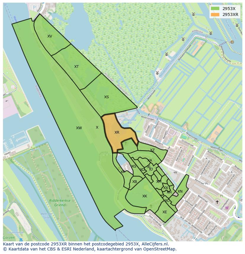 Afbeelding van het postcodegebied 2953 XR op de kaart.