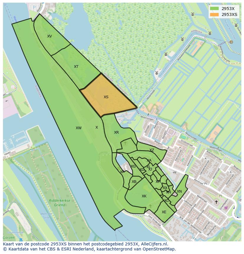 Afbeelding van het postcodegebied 2953 XS op de kaart.