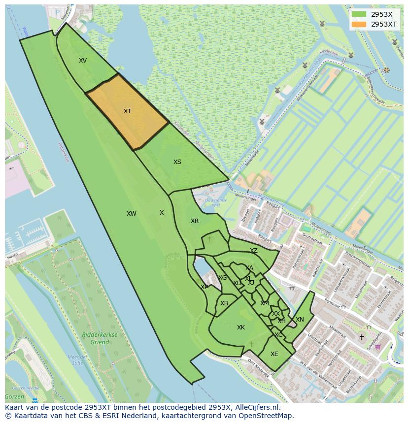 Afbeelding van het postcodegebied 2953 XT op de kaart.