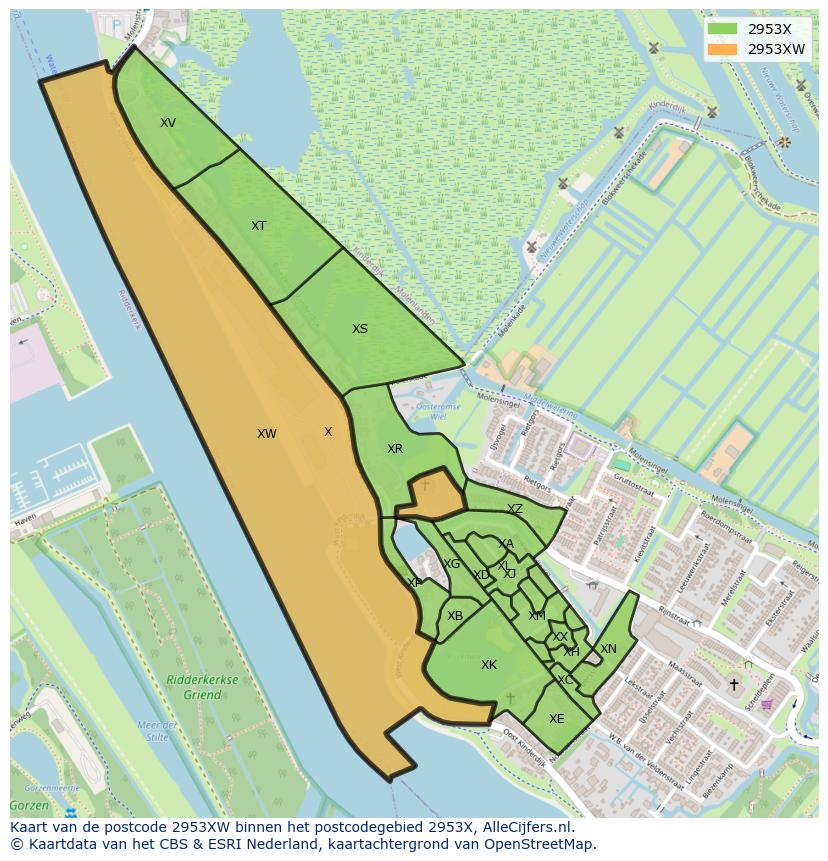 Afbeelding van het postcodegebied 2953 XW op de kaart.