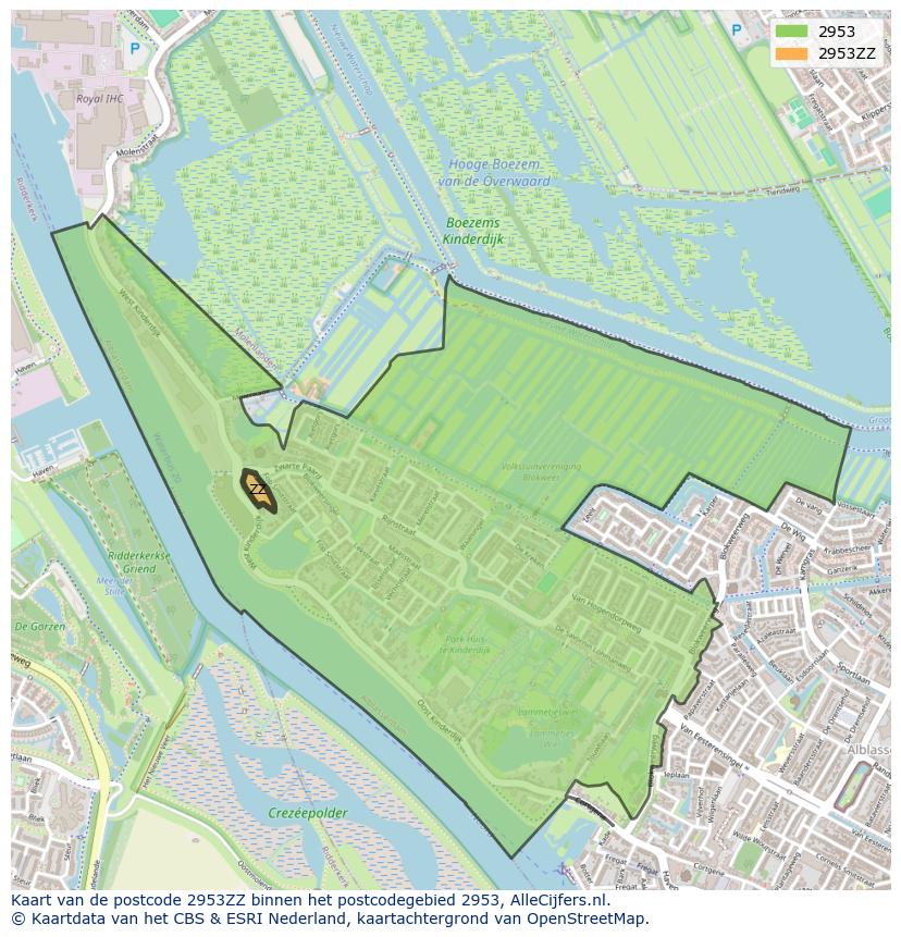 Afbeelding van het postcodegebied 2953 ZZ op de kaart.