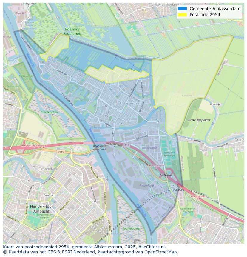 Afbeelding van het postcodegebied 2954 op de kaart.