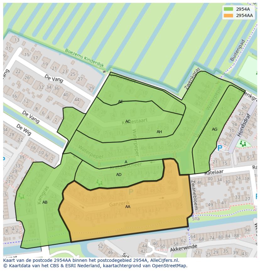 Afbeelding van het postcodegebied 2954 AA op de kaart.