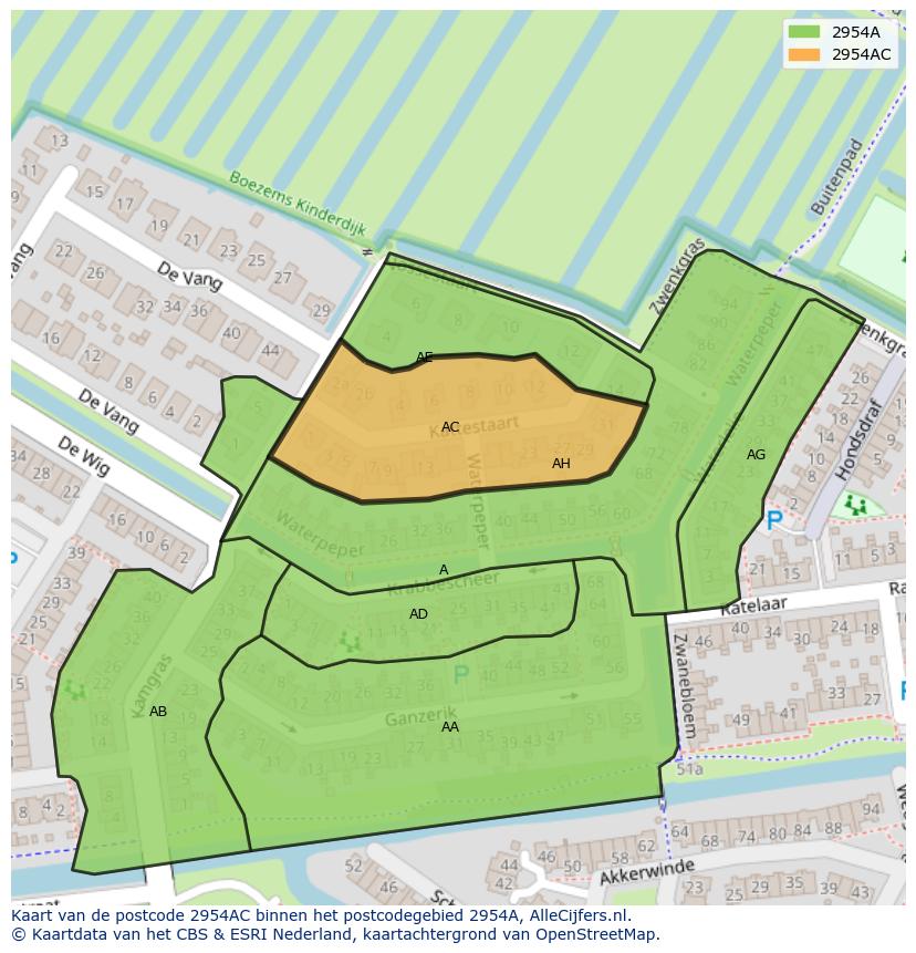 Afbeelding van het postcodegebied 2954 AC op de kaart.