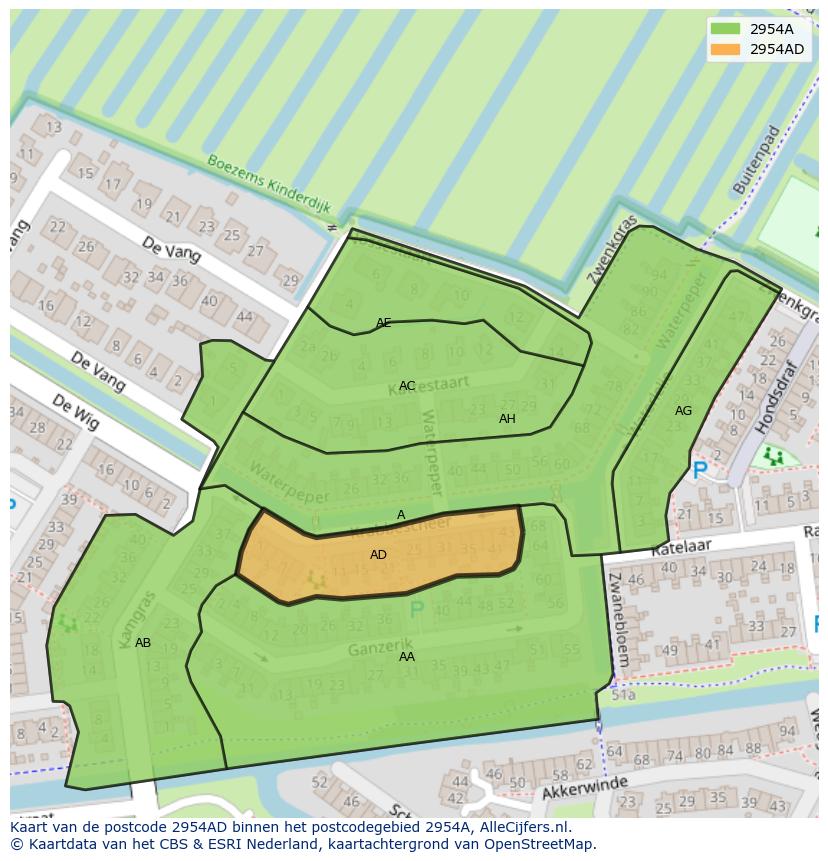 Afbeelding van het postcodegebied 2954 AD op de kaart.