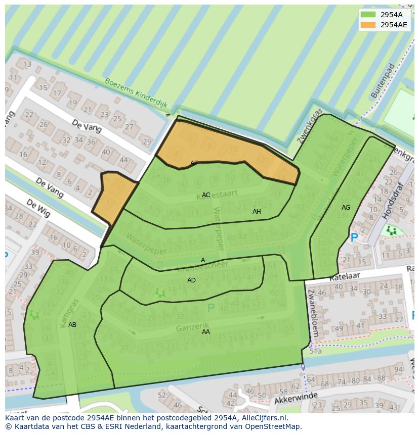 Afbeelding van het postcodegebied 2954 AE op de kaart.