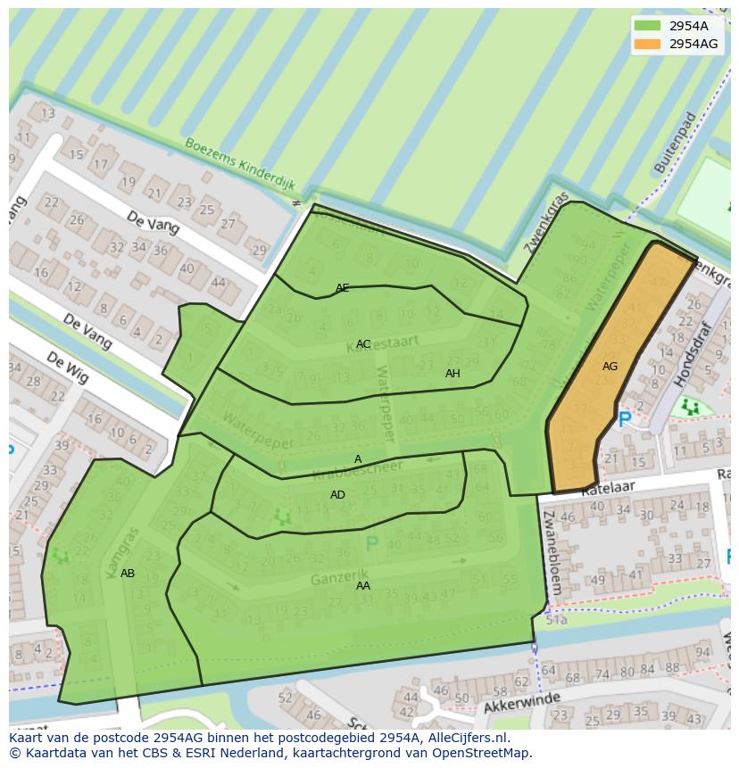 Afbeelding van het postcodegebied 2954 AG op de kaart.