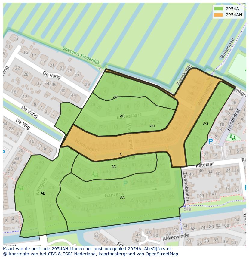 Afbeelding van het postcodegebied 2954 AH op de kaart.