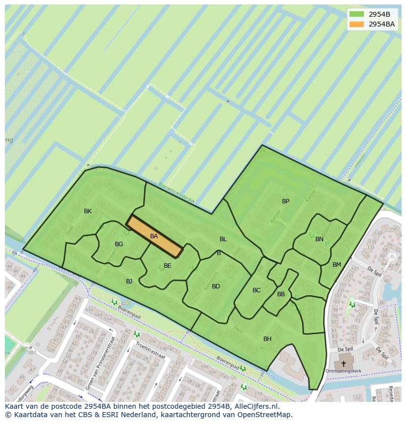 Afbeelding van het postcodegebied 2954 BA op de kaart.