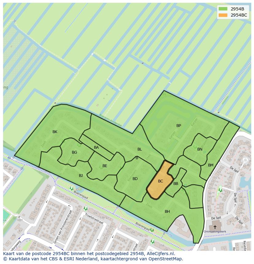 Afbeelding van het postcodegebied 2954 BC op de kaart.