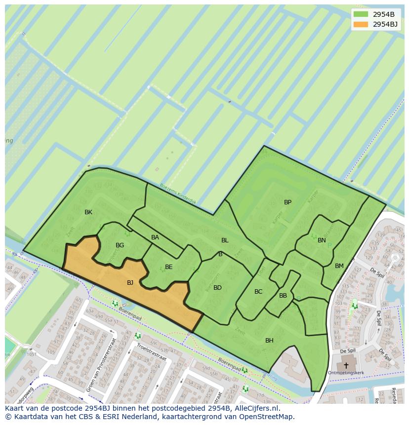 Afbeelding van het postcodegebied 2954 BJ op de kaart.